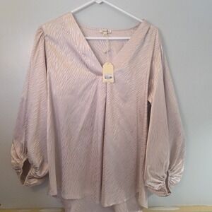 Jodifl Women's Satin Print Top Champagne Bishop Sleeve Taupe Size Med NWT Sheen